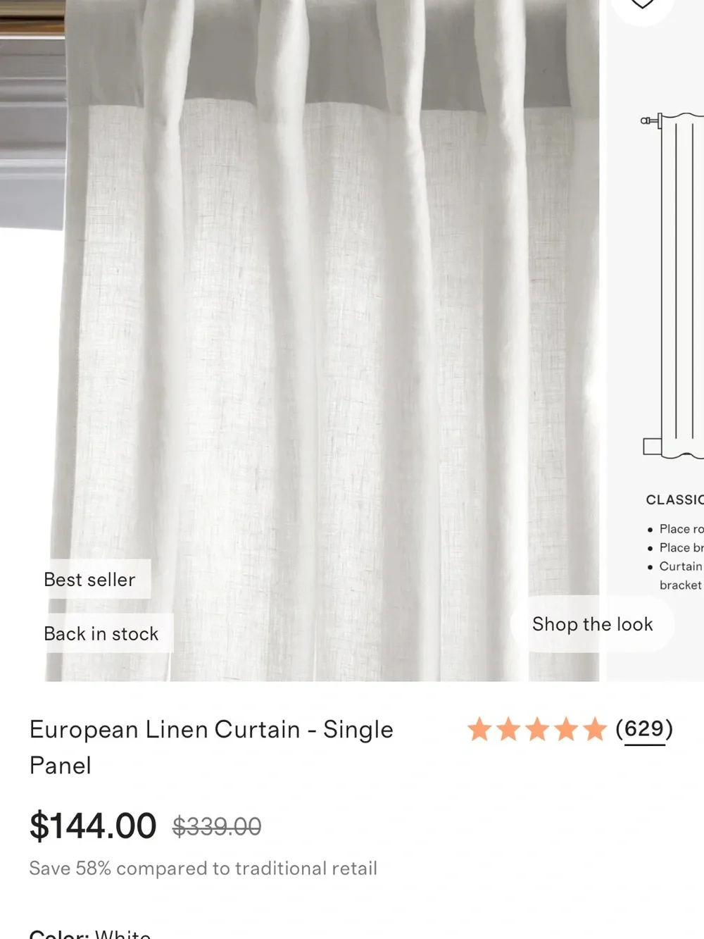 Quince white Linen Curtain Panel in White. Brand new!